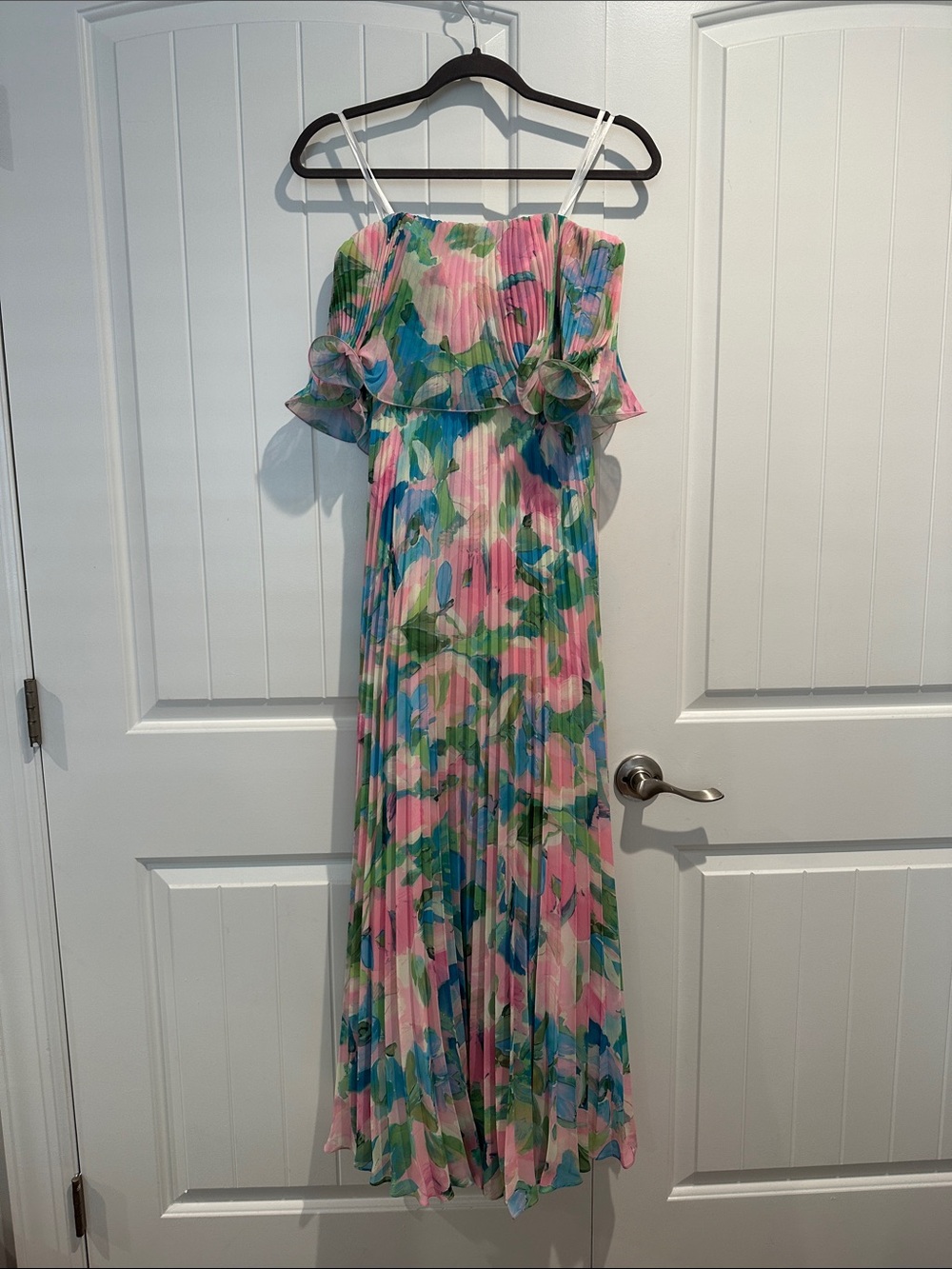 AQUA Floral Pleated Off-Shoulder Maxi Dress in Pink, Blue & Green